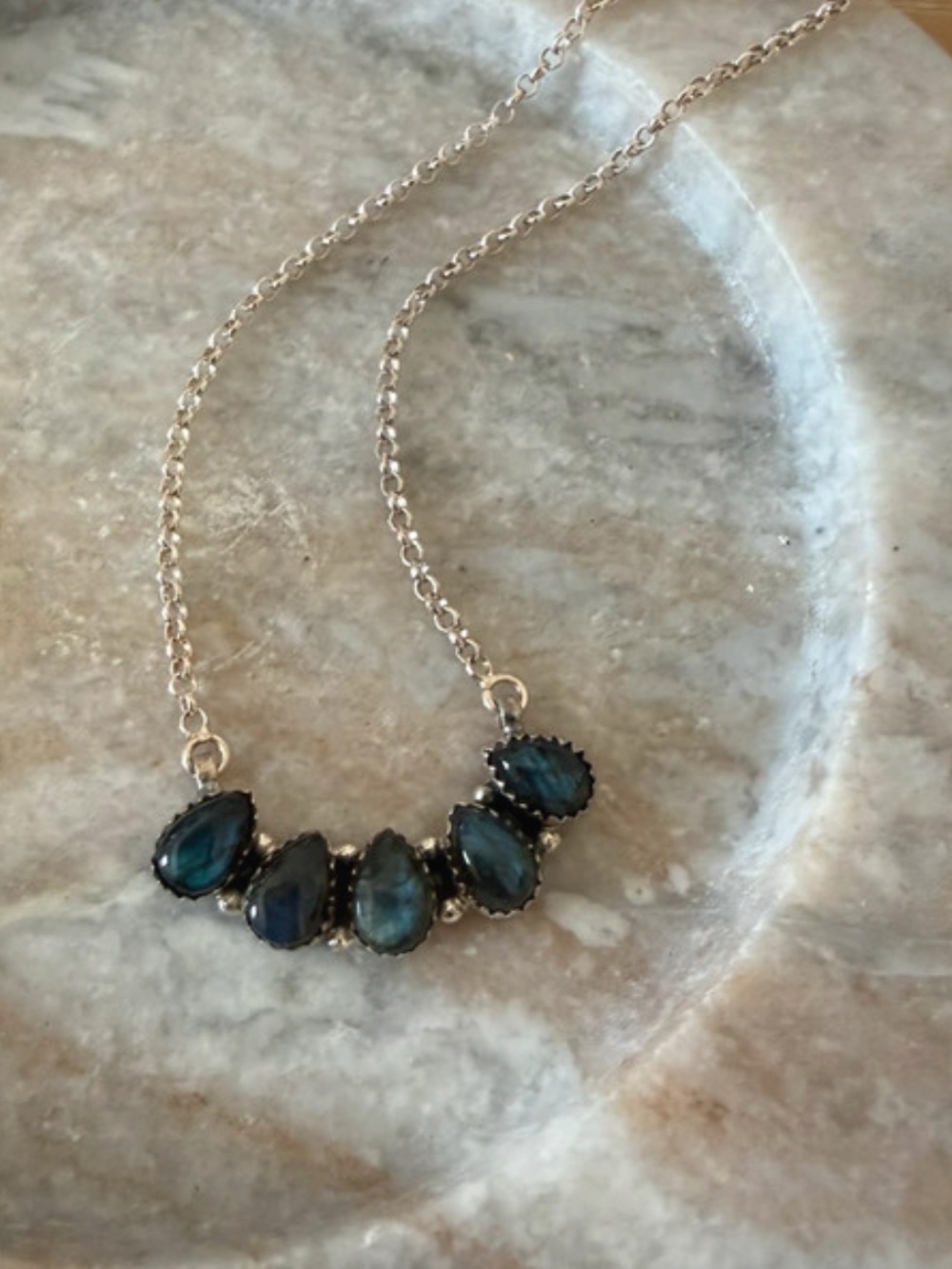 Authentic Gemstone Labradorite Sterling Silver Cluster Stone Necklace